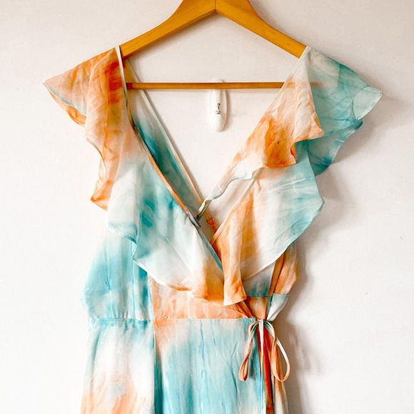 Luxxel Blue Orange Tie Dye Chiffon Frill Maxi Dress Blue Orange Sz M - Picture 4 of 11